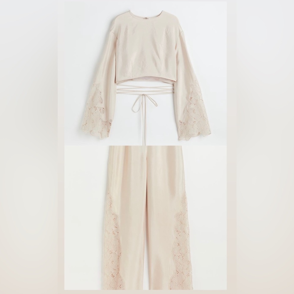 H&M Lace Matching Satin Set Bell Sleeve Top & Wide Leg Sheer Lace Pants XS Sz 4